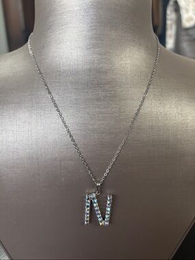 Crystal Initial 'N' Pendant Necklace - Silver Tone